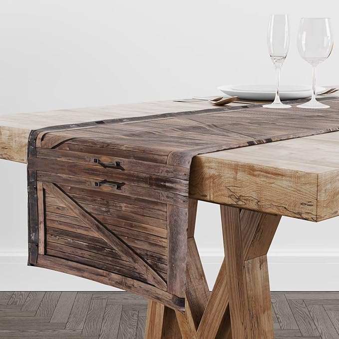 Rustic Wood Table Runner Vintage Wooden Barn Door Farmhouse Brown Kitchen - Image 2