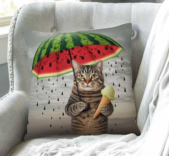 Swono Funny Animal Cat Throw Pillow Cover The Cute cat is Holding an Umbrella - Image 3
