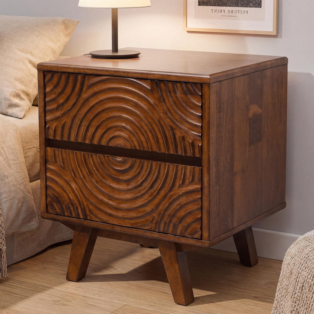 Acacia Harmony Solid Wood Nightstand with 2 Drawers, Bedside Table, Walnut