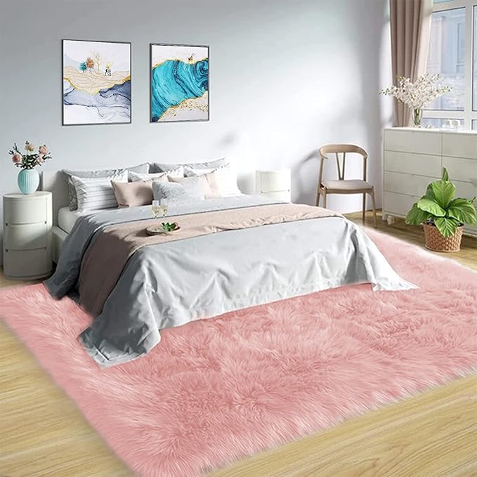 Latepis Big Pink Area Rugs for Living Room 6.7x10 Faux Sheepskin Fur Rug - Image 2