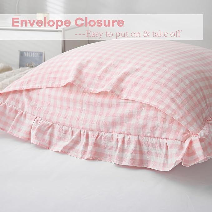 2 Pack Blush White Plaid Ruffle Gingham Pillow Shams Standard Size, 100% Washed - Image 4