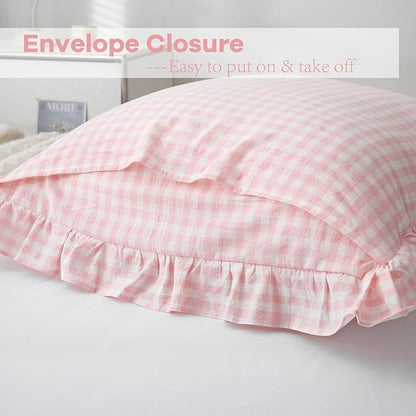 2 Pack Blush White Plaid Ruffle Gingham Pillow Shams Standard Size, 100% Washed - Image 4