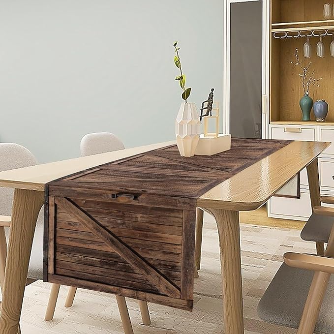 Rustic Wood Table Runner Vintage Wooden Barn Door Farmhouse Brown Kitchen - Image 3