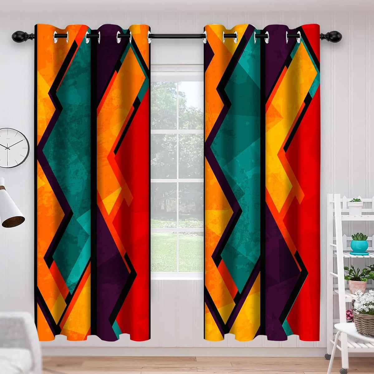 colorful abstract blackout window curtains, geometric red orange, close-up detail