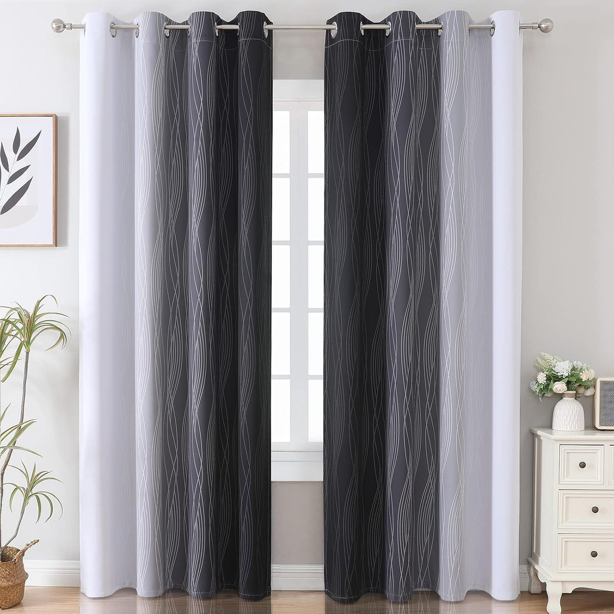 black and greyish white ombre blackout curtains for shown in use