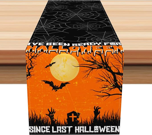Happy Halloween Table Runner Since Last Halloween Orange Night Full Moon Black by Kzzfqxb