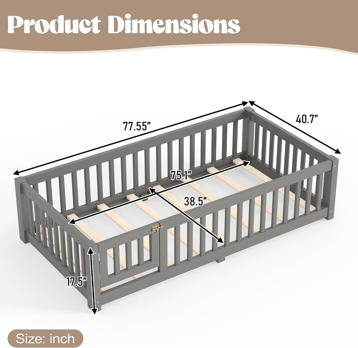 twin size montessori floor bed with door, slats shown in use