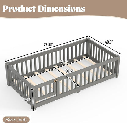 twin size montessori floor bed with door, slats shown in use