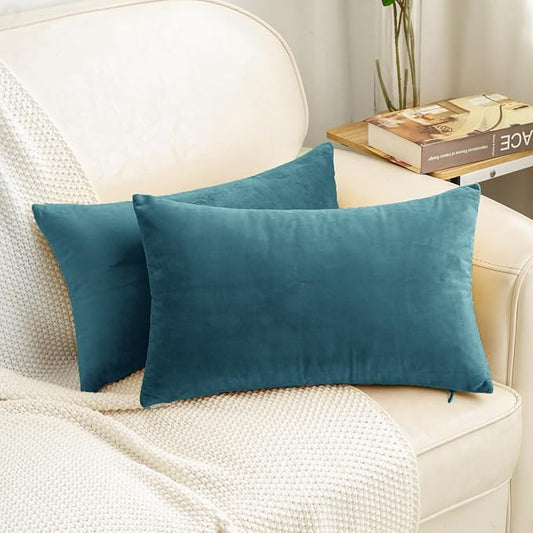 HWY 50 Ocean Blue Velvet Rectangular Throw Pillow Covers 12x20 Inch by HWY50