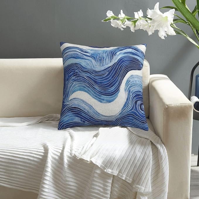 Dark Blue Navy and White Waved Pillow Covers 18x18 Inch Decorative Modern - Image 5