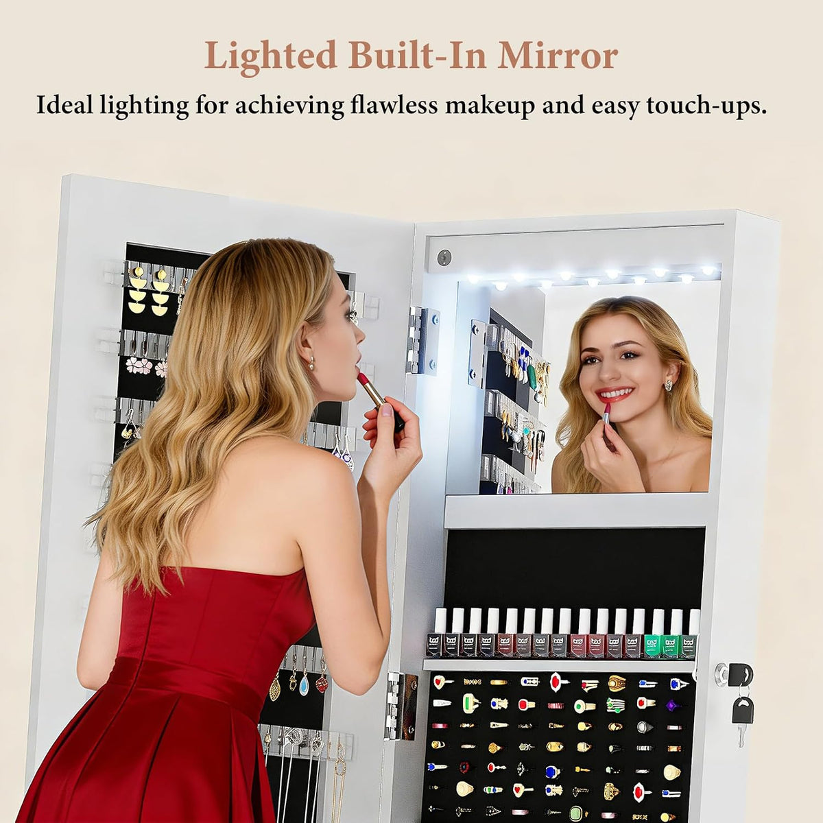 rotatable 6 leds jewelry armoire with drawer, white, close-up detail