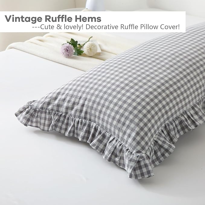 Grey White Plaid Ruffle Gingham Bedding Body Pillow Cover, 100% Washed Cotton - Image 4