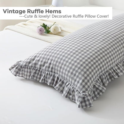 Grey White Plaid Ruffle Gingham Bedding Body Pillow Cover, 100% Washed Cotton - Image 4