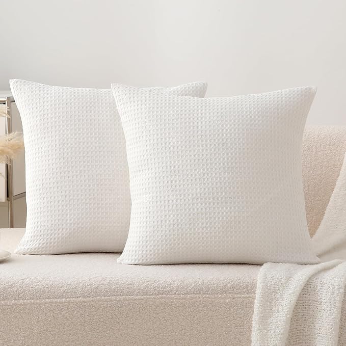 2 Pack Off White Waffle Throw Pillow Covers, 100% Cotton Farmhouse Decorative by KMASANIJI