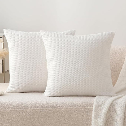 2 Pack Off White Waffle Throw Pillow Covers, 100% Cotton Farmhouse Decorative by KMASANIJI