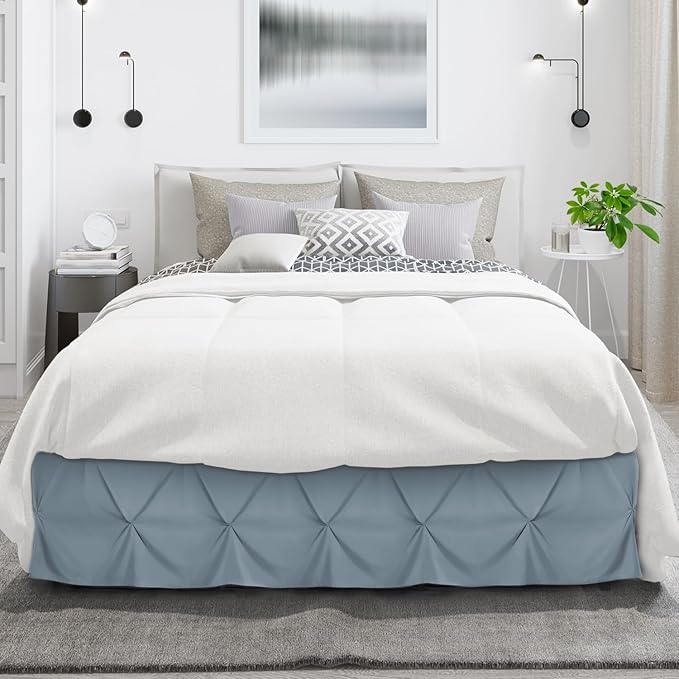 Nestl Stone Blue Bed Skirt Queen Size, Pinch Pleat Queen Bed Skirt, Hotel - Image 2