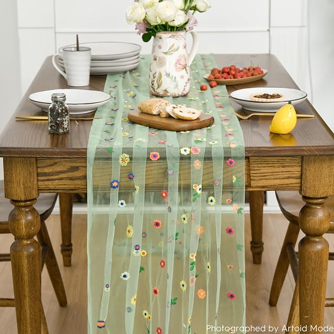 Artoid Mode 3PCS Sage Green Embroidery Daisy Gauze Table Runner 120 Inch 10FT - Image 2