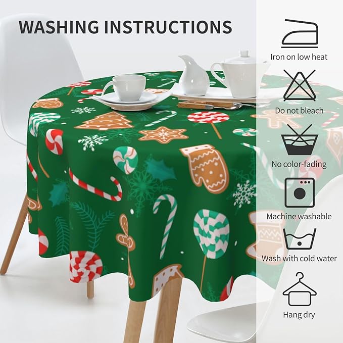 Green Gingerbread Man Round Tablecloth 60 Inch, Christmas Candy Cane - Image 3
