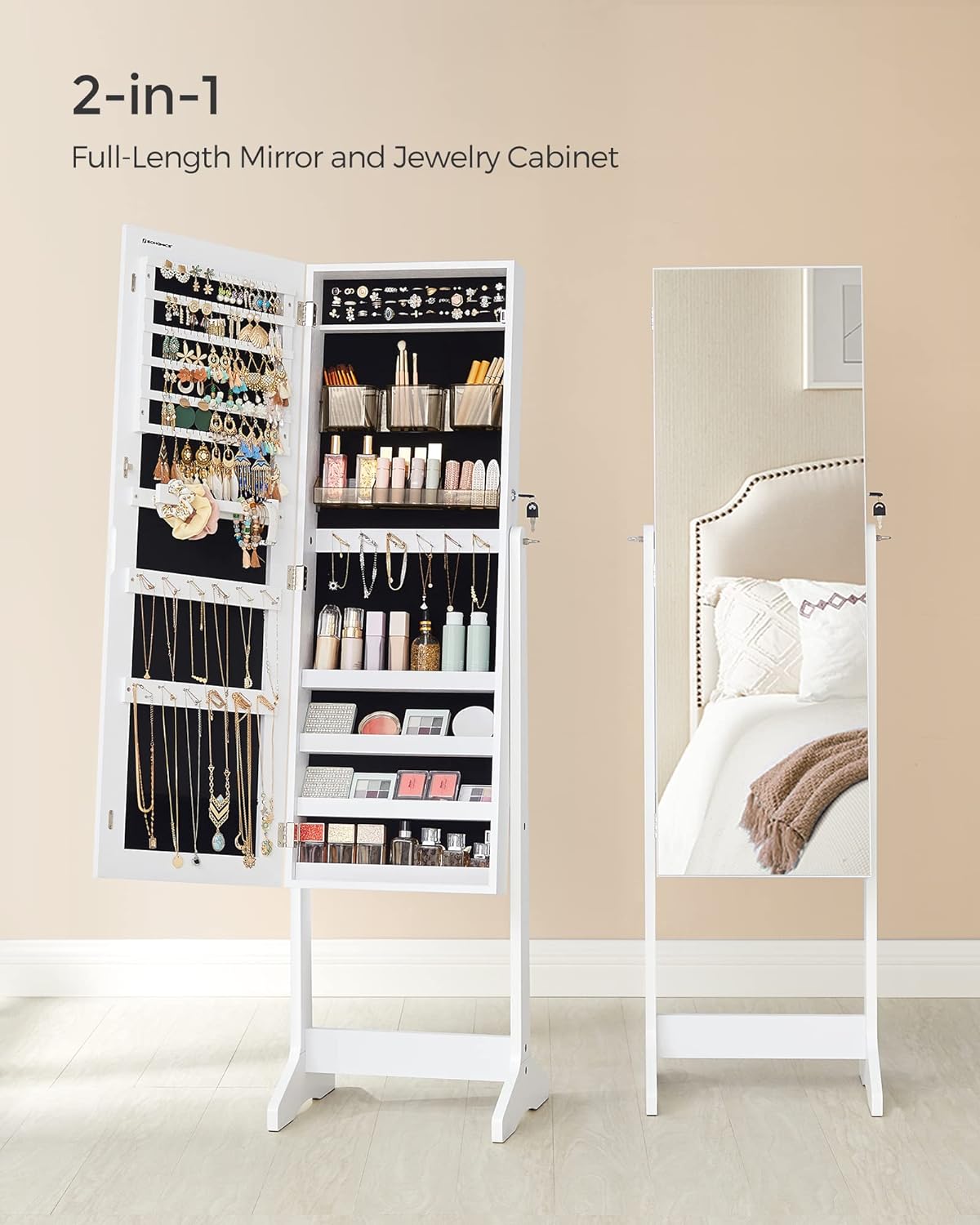 songmics led jewelry cabinet standing, lockable armoire, close-up detail