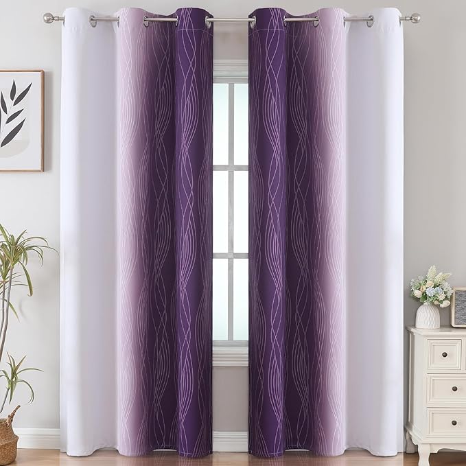 Estelar Textiler Purple and Greyish White Room Darkening Blackout Curtains 84 - Image 2