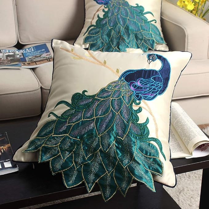 vctops Embroidered Peacock Decorative Throw Pillow Case Silky Satin Cushion - Image 2