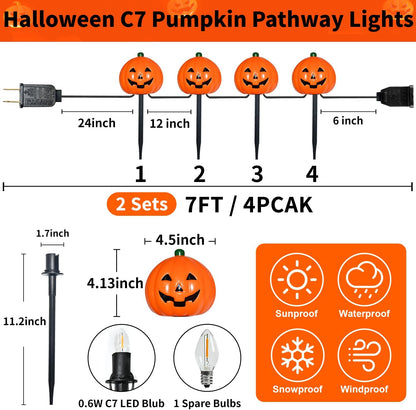 2 Sets 7Ft Halloween Pathway Lights Outdoor Pumpkin Stake Light with 4 Jack-O Lantern Pumpkin Lights and 4 Stakes for Halloween Decorations Outdoor Walkway Pathway Driveway Garden Yard Lawn Light