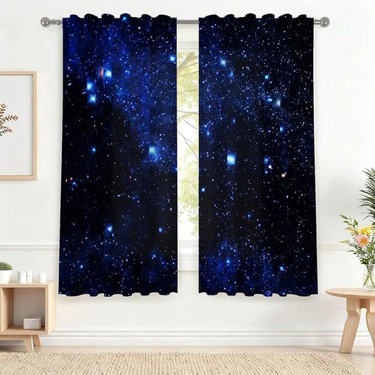 Renaiss 53 x 63 Inch Universe Starry Sky Kitchen Curtains Night Blue Galaxy by Renaiss