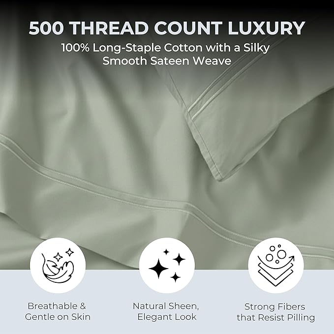 100% Natural Cotton Sheets Queen Size Bed Set | 500 TC Single-Ply Sateen Weave - Image 2