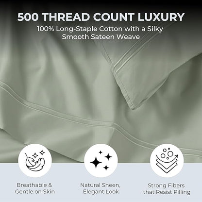 100% Natural Cotton Sheets Queen Size Bed Set | 500 TC Single-Ply Sateen Weave - Image 2