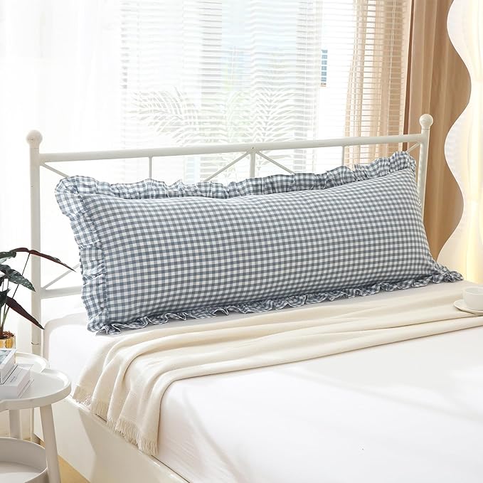 Dust Blue White Plaid Gingham Ruffle Body Pillow Cover, 100% Washed Cotton by KMASANIJI