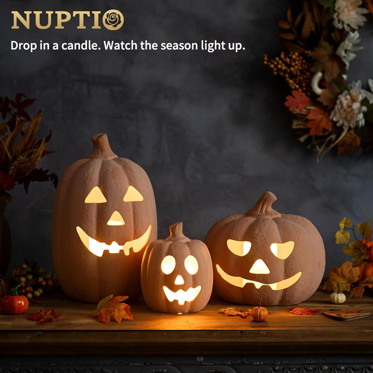 NUPTIO Terracotta Pumpkin Halloween Decor: 15" H Fall Jack O Lantern