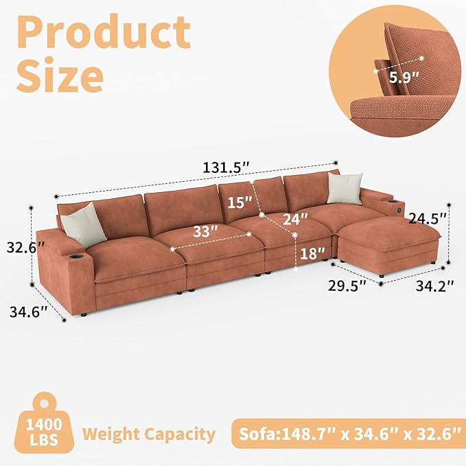 148.7" L Shaped Cloud Sofa Couch - Image 2