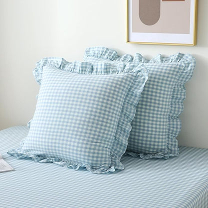 2 Pack Light Blue White Plaid Ruffle Gingham Euro Pillow Covers, 100% Washed - Image 7