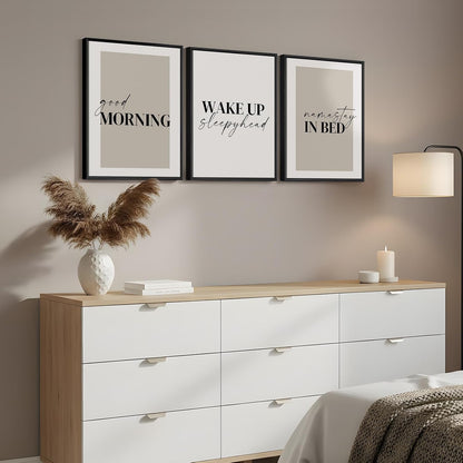 framed neutral 3 piece minimalist canvas wall art shown in use