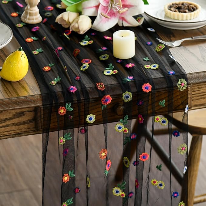 Artoid Mode Black Embroidery Daisy Gauze Table Runner 120 Inch 10FT, Seasonal by ArtoidMode