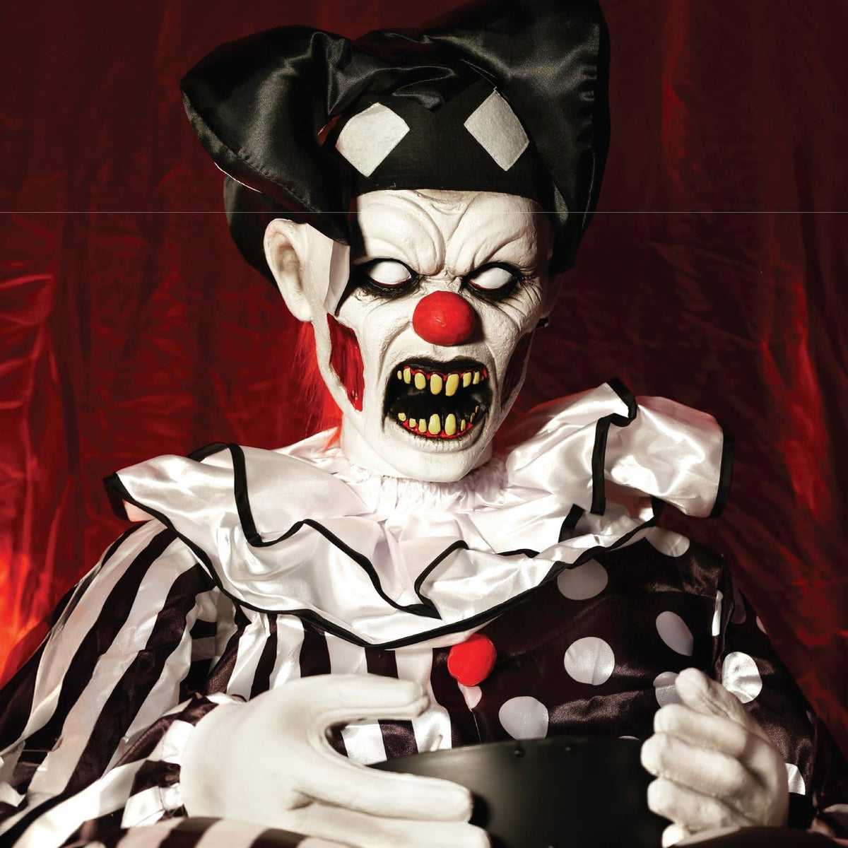 Haunted Hill Farm Hartley The Sitting Scare Clown by Tekky, Motion-Activated Talking Jump-Scare Halloween Animatronic for Halloween Party Prank Decoration, Plug-in or Battery Operated Halloween Props