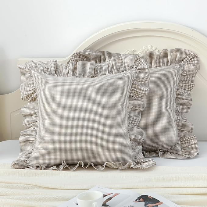 Brown/White Ruffle Plaid Throw Pillow Covers Farmhouse Checkered Gingham by Silnuo
