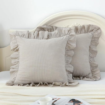 Brown/White Ruffle Plaid Throw Pillow Covers Set of 2, Farmhouse Checkered by Silnuo
