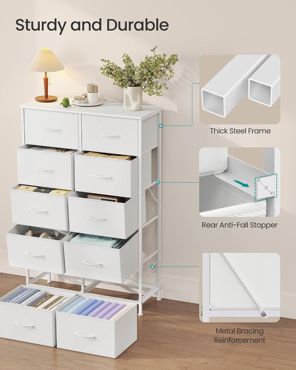 SONGMICS Dresser for Bedroom, Tall Dresser with 10 Fabric Drawers