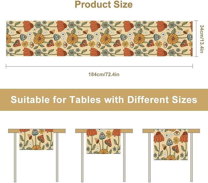 70's Boho Mushroom Table Runner, Retro Kitchen Groovy Hippie Funky Table Runner - Image 2