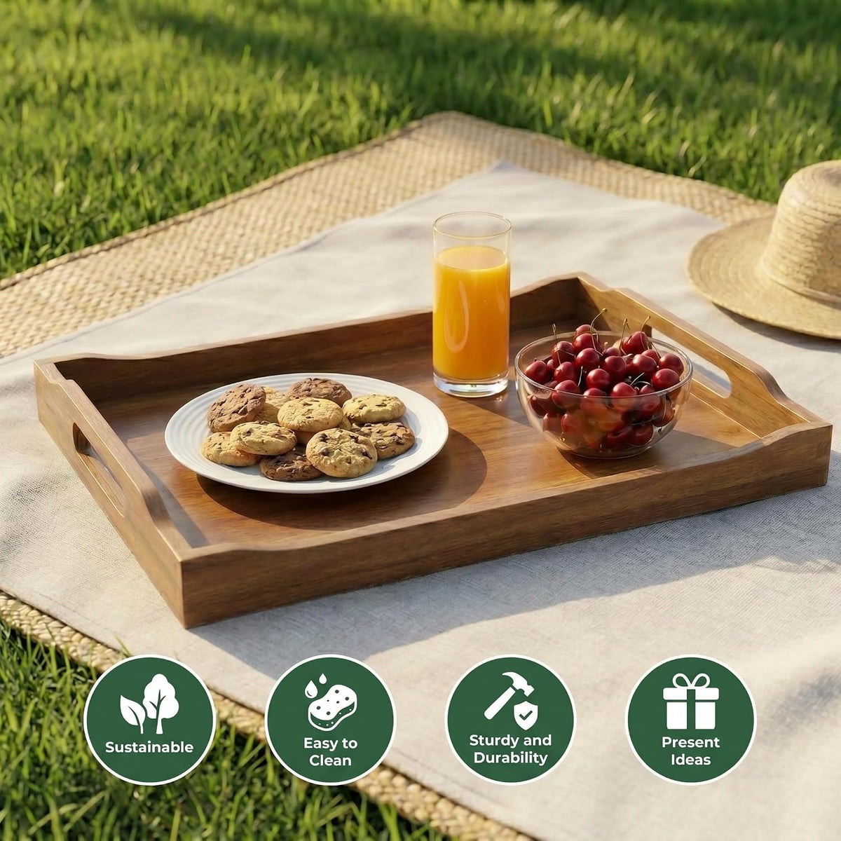 acacia wood serving tray set of 2 with showing dimensions