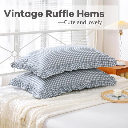 2 Pack Dusty Blue Plaid Ruffle Gingham King Size Pillow Shams, 100% Yarn-Dyed - Image 5