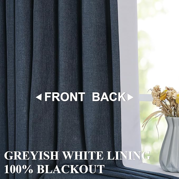 Vision Home Navy Blue Pinch Pleated Full Blackout Curtains Linen Blended Room - Image 3