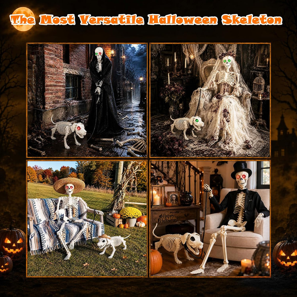 36'' Halloween Skeleton Decoration with Dog: Posable Skeleton Glowing Eyes