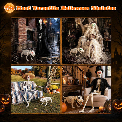 36'' Halloween Skeleton Decoration with Dog: Posable Skeleton Glowing Eyes