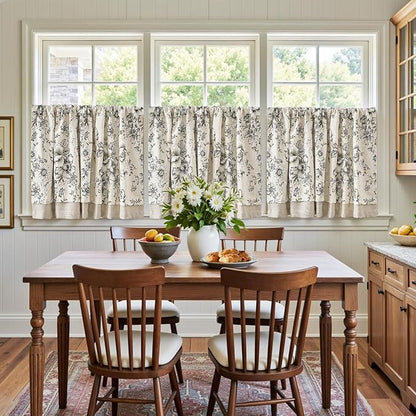 jinchan Linen Kitchen Curtain 24 Inch French Floral Double Layer Curtain - Image 3