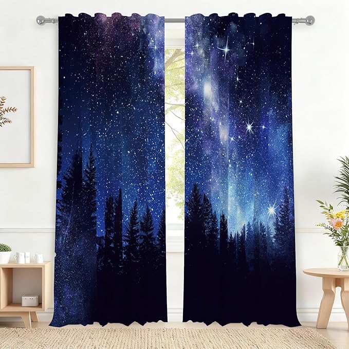 Renaiss 42 x 108 Inch Starry Night Sky Blackout Curtains Twinkle Star Forests by Renaiss