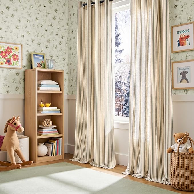 Vangao Linen Striped Green Curtains Boho Tickingstripe Light Filtering Nursery - Image 6