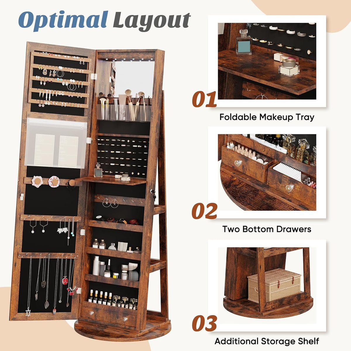 olixis 360° swivel jewelry cabinet with light, lockable on a desk or shelf