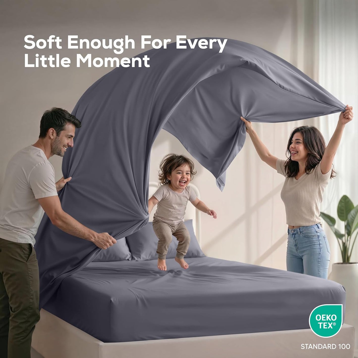 Queen Size Sheet Set – 4 Piece Bed Sheets, Soft and Breathable Microfiber, Includes 1 Fitted Sheet, 1 Flat Sheet and 2 Pillowcases – Oeko Tex (Grey)